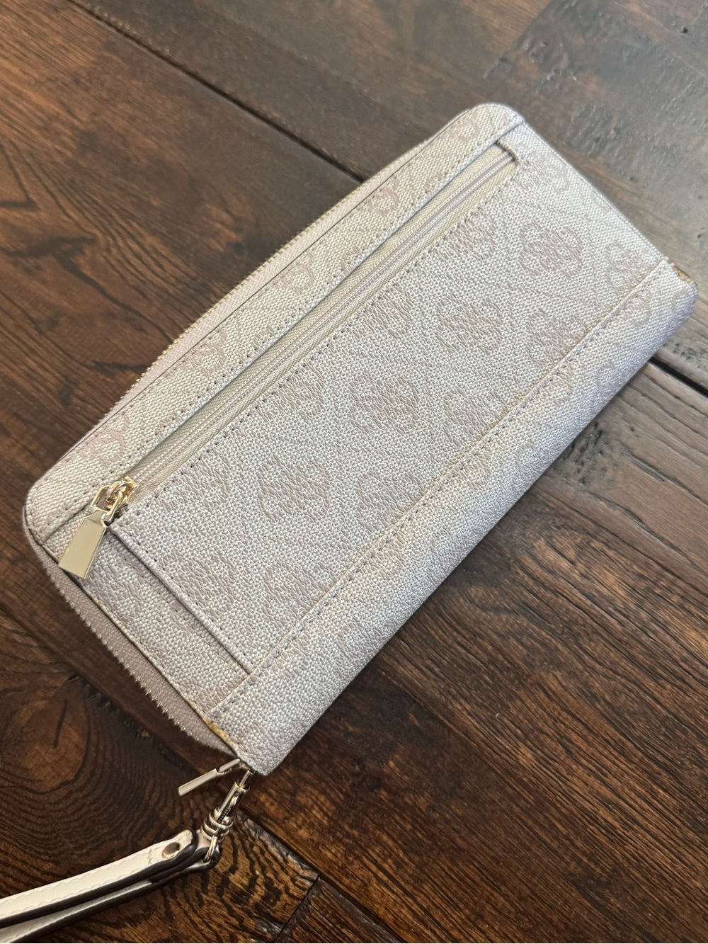 Guess Beige Monogram Zip-Around Wristlet Wallet with Gold Logo - Picture 14 of 16